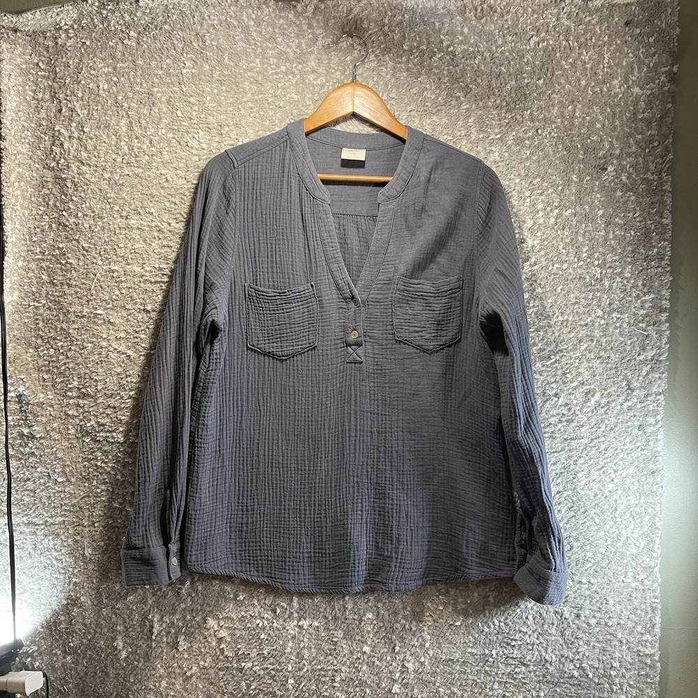 Mote Women's Large Blouse 100% Cotton Gauze Top Henley V Neck Pullover Shirt